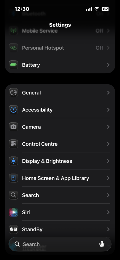 Viewing General settings options on iPhone