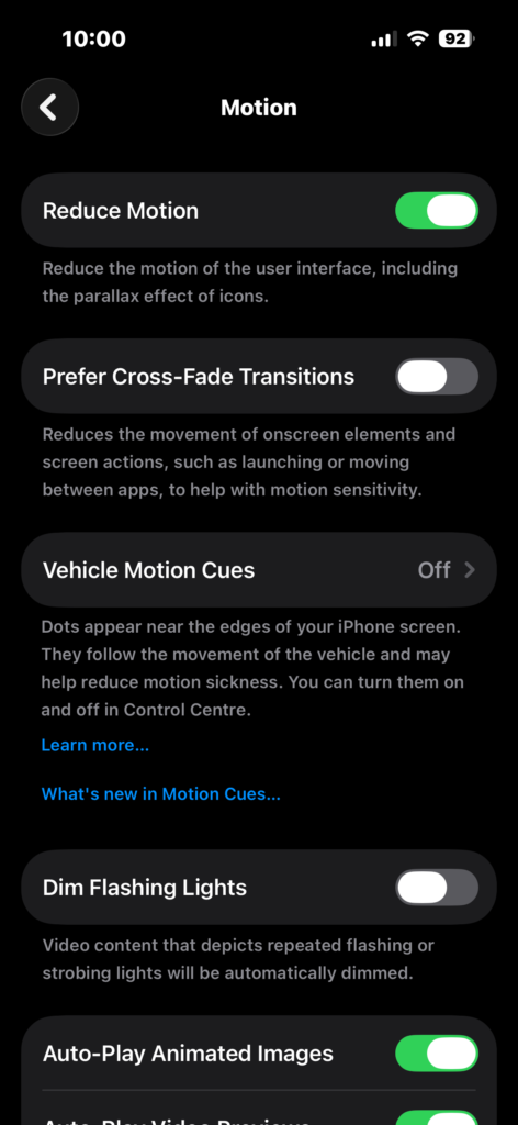 Opening Motion settings and enabling Reduce Motion on iPhone