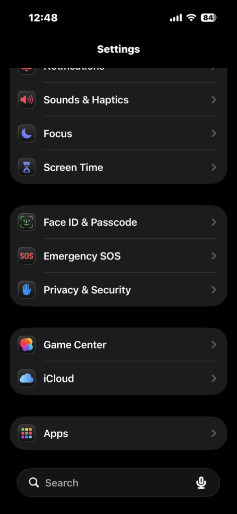 Opening Privacy & Security from iPhone Settings