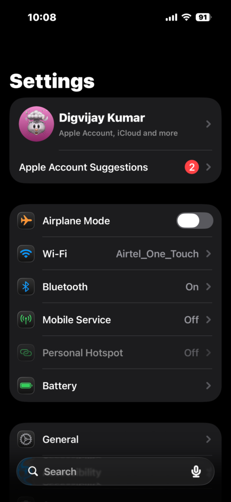 Opening Settings on iPhone