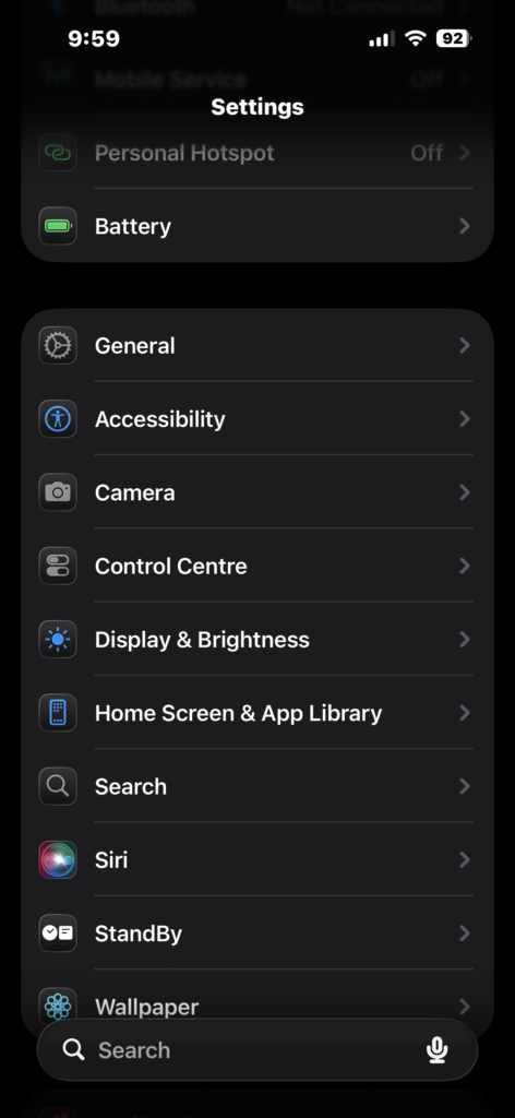 Opening Settings on iPhone