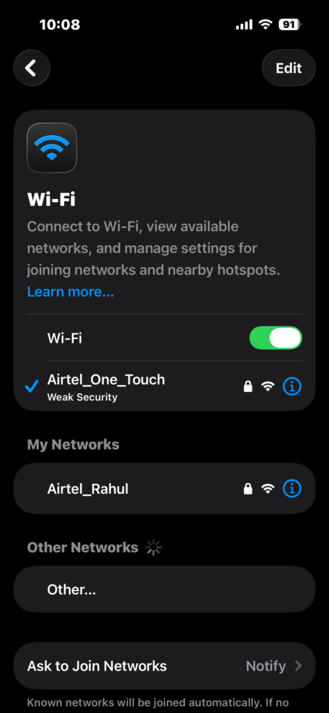 Opening Wi-Fi settings and selecting current network