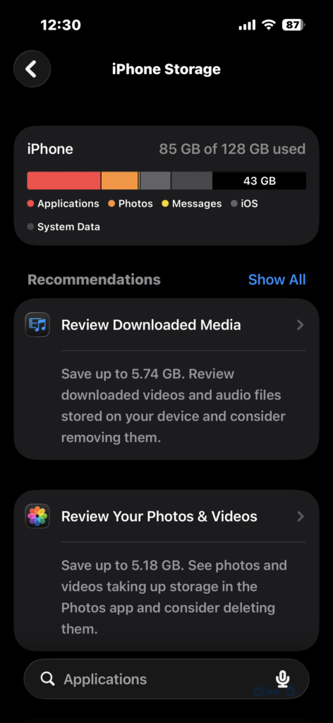 Opening iPhone Storage to check space usage