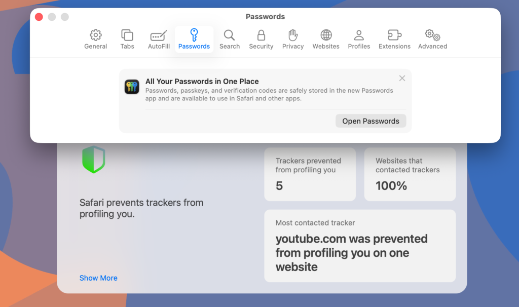 Opening passwords settings in Safari preferences on Mac.