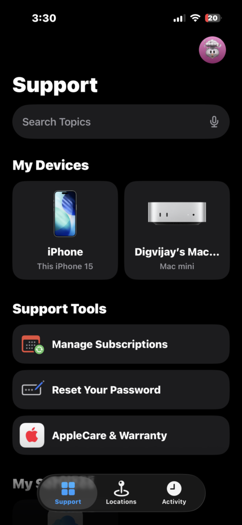 Opening the Apple Support app and selecting your iPhone device.