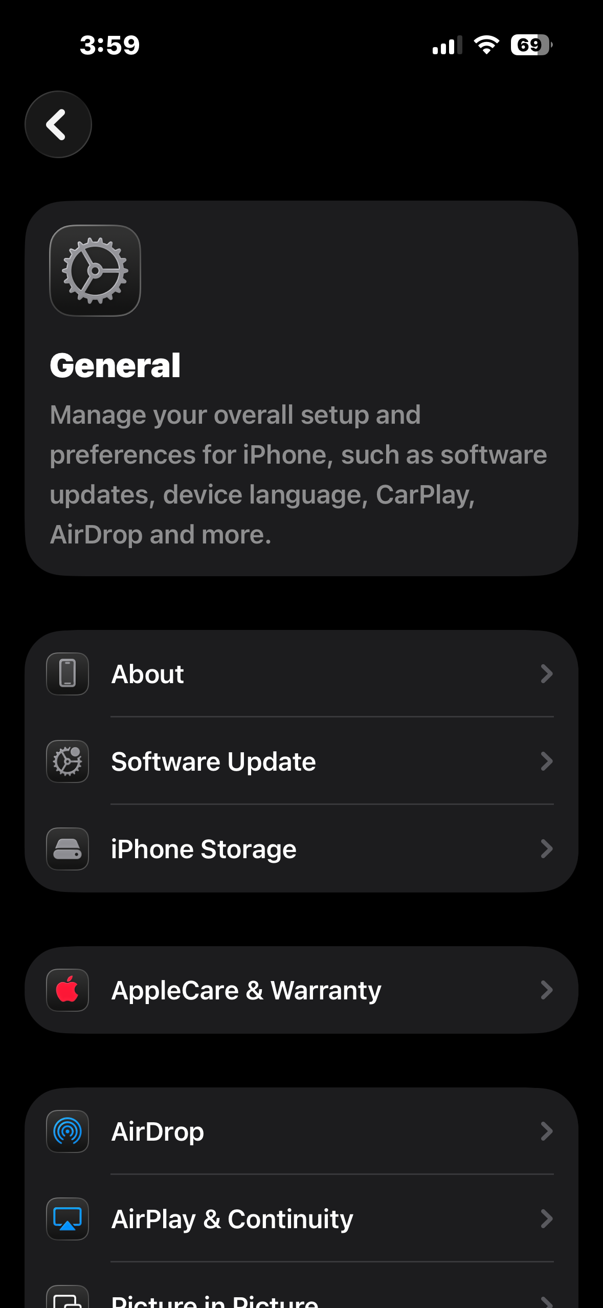 Opening the General section in iPhone Settings.
