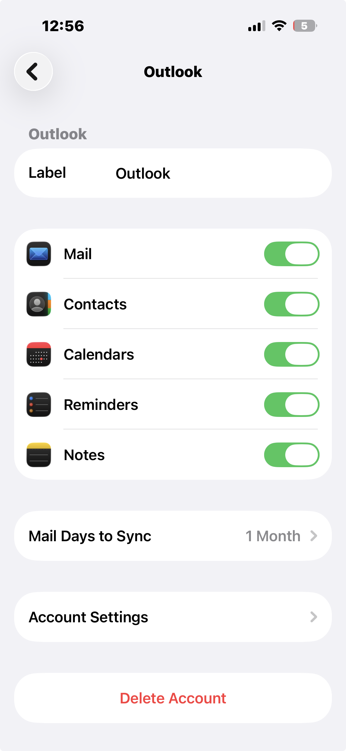 Outlook account delete option in Mail settings