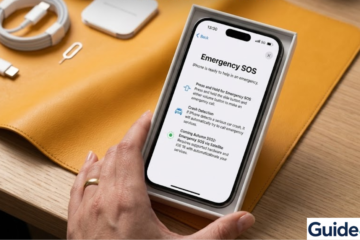 An iPhone 17 Pro frozen on the Emergency SOS slider screen, displayed on a minimalist desk with professional blue-green Guide4Mac lighting."