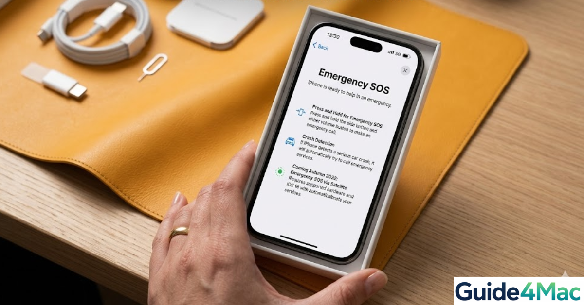 An iPhone 17 Pro frozen on the Emergency SOS slider screen, displayed on a minimalist desk with professional blue-green Guide4Mac lighting."
