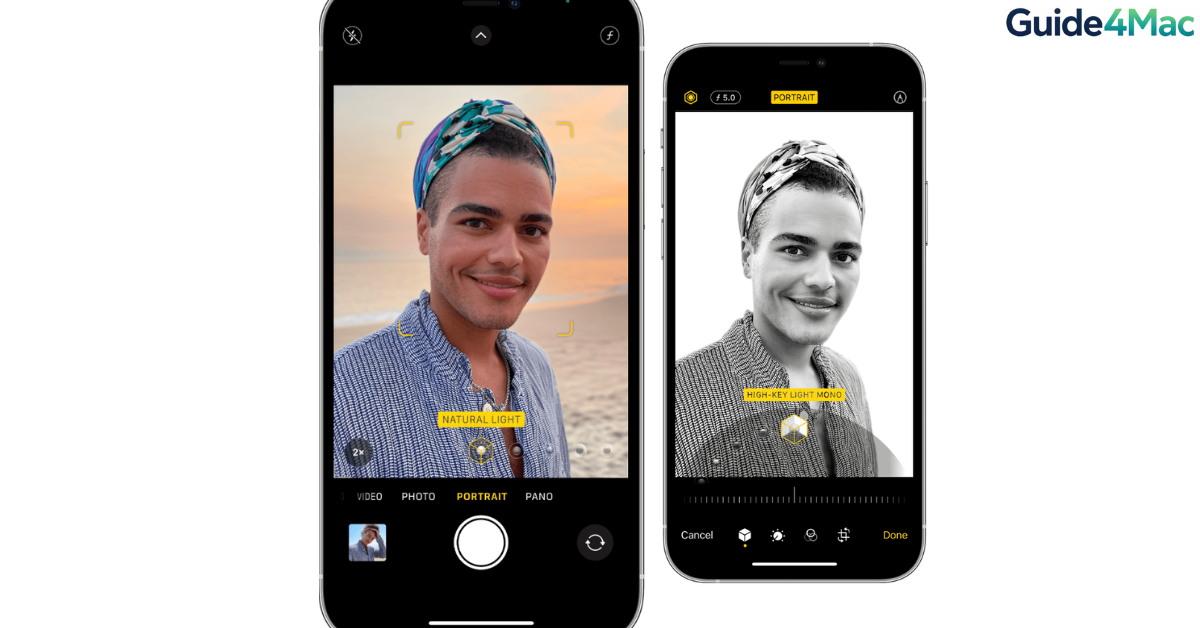 iPhone camera app showing Liquid Glass mode wheel for Portrait mode