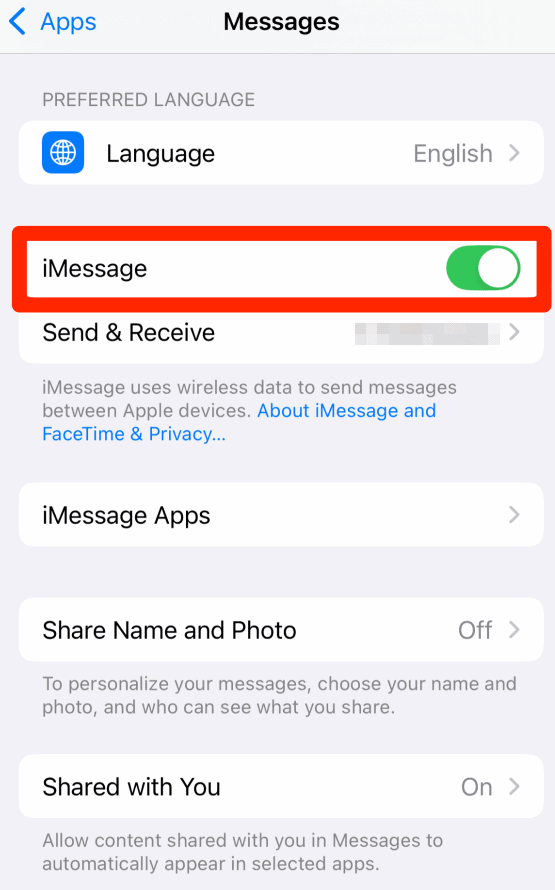 iPhone Messages settings showing iMessage toggle