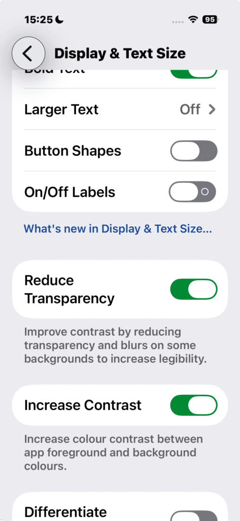 screenshot of reducing transparency due issue with the Liquid Glass from iPhone