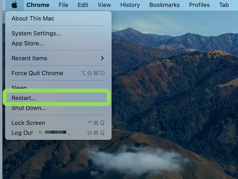MacOS Apple menu showing the  Restart options with a green highlight, set against a dark mode UI for a Guide4Mac tutorial.