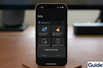 An iPhone 17 Pro running iOS 26 displaying the Guide4Mac 'Tabs' screen with a real-time 'Undo Close Tab' popup, illustrating a restoration guide.