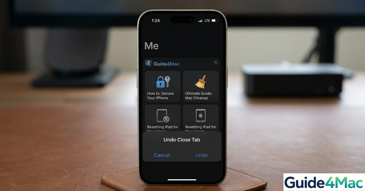 An iPhone 17 Pro running iOS 26 displaying the Guide4Mac 'Tabs' screen with a real-time 'Undo Close Tab' popup, illustrating a restoration guide.