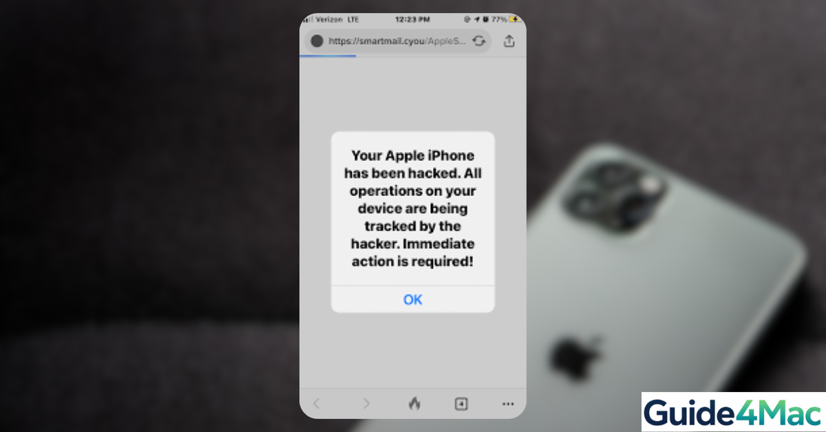 A fake "Your Apple iPhone has been hacked" browser pop-up alert used by scammers to trigger phishing attacks.