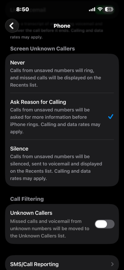 Select Ask Reason for Calling under Screen Unknown Callers