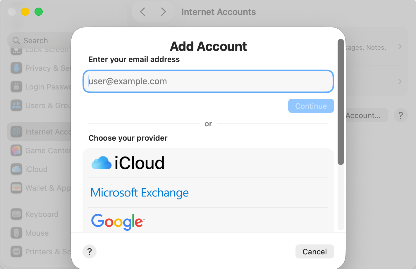 Select Google in Add Account screen