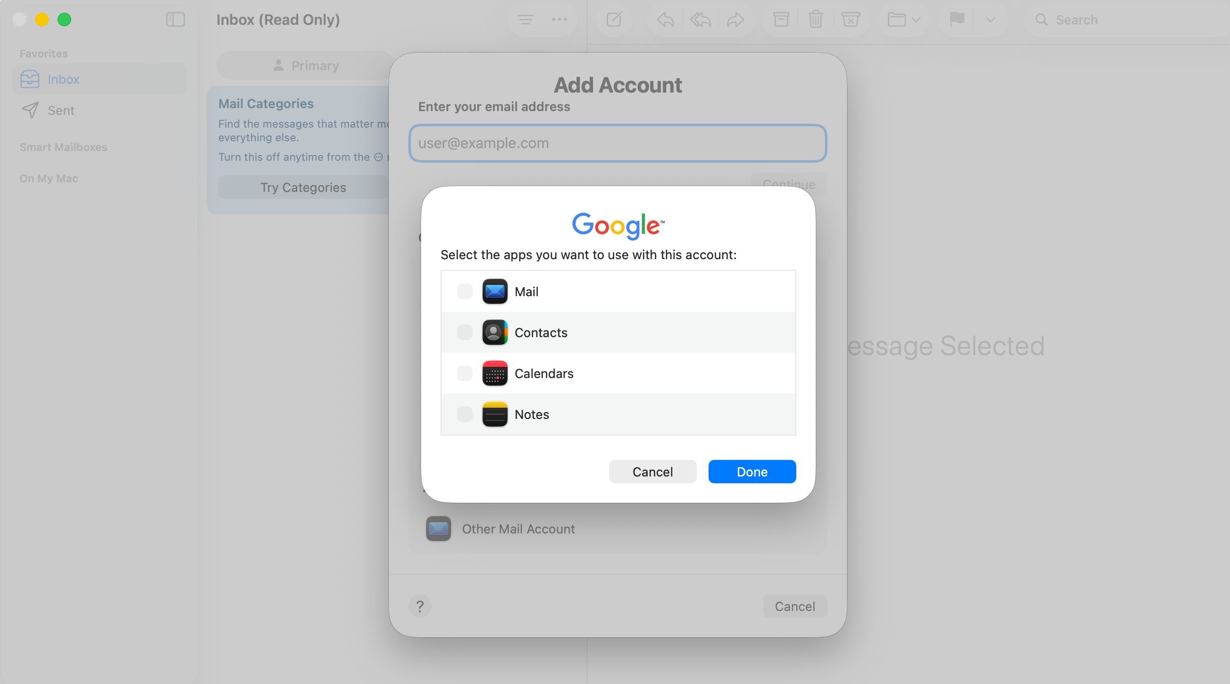 Select Mail and finish Google account setup in macOS Mail