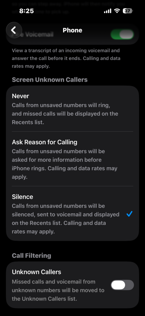 Select Silence under Screen Unknown Callers on iPhone