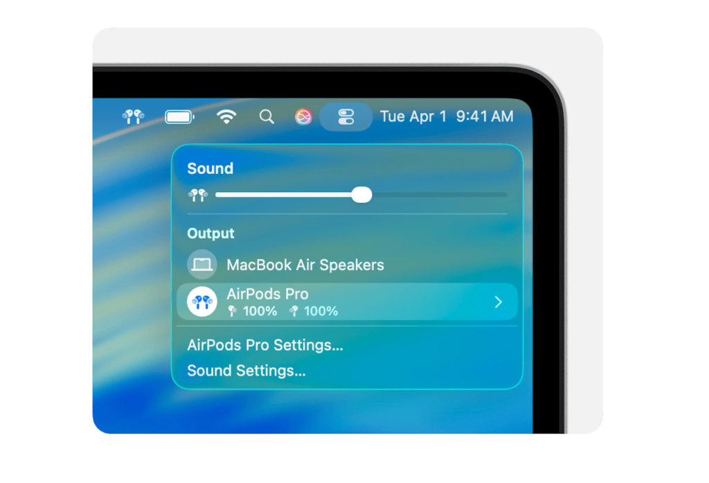 Selecting AirPods Pro as audio output from Mac sound control panel.