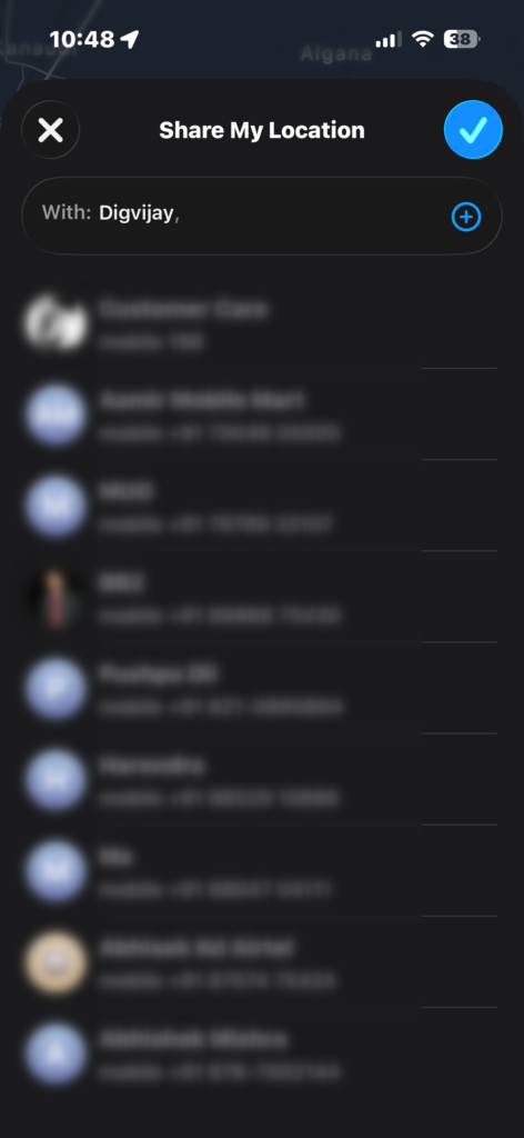 Selecting a contact to share your location.