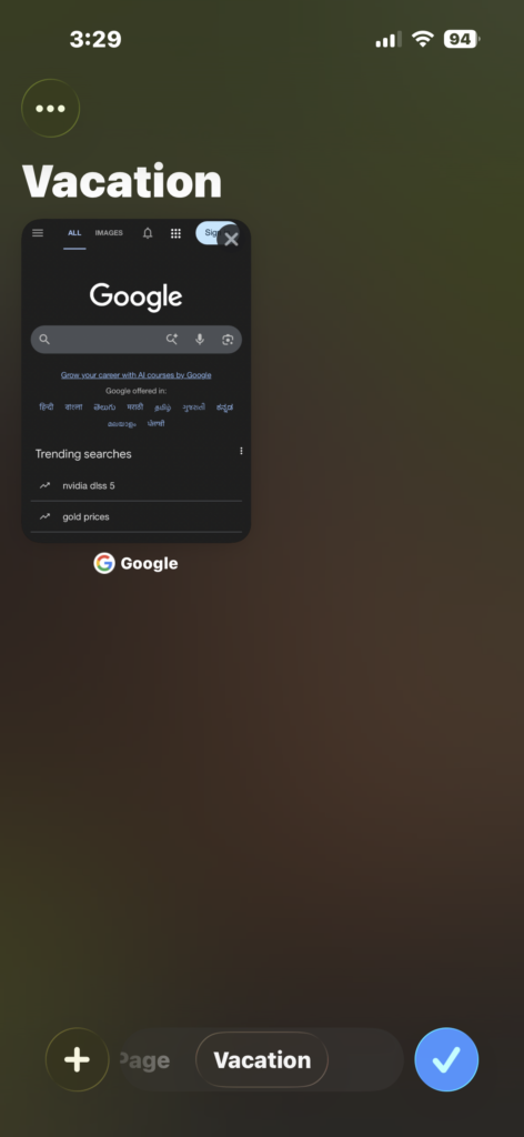Selecting a tab to reopen from Safari tab view.