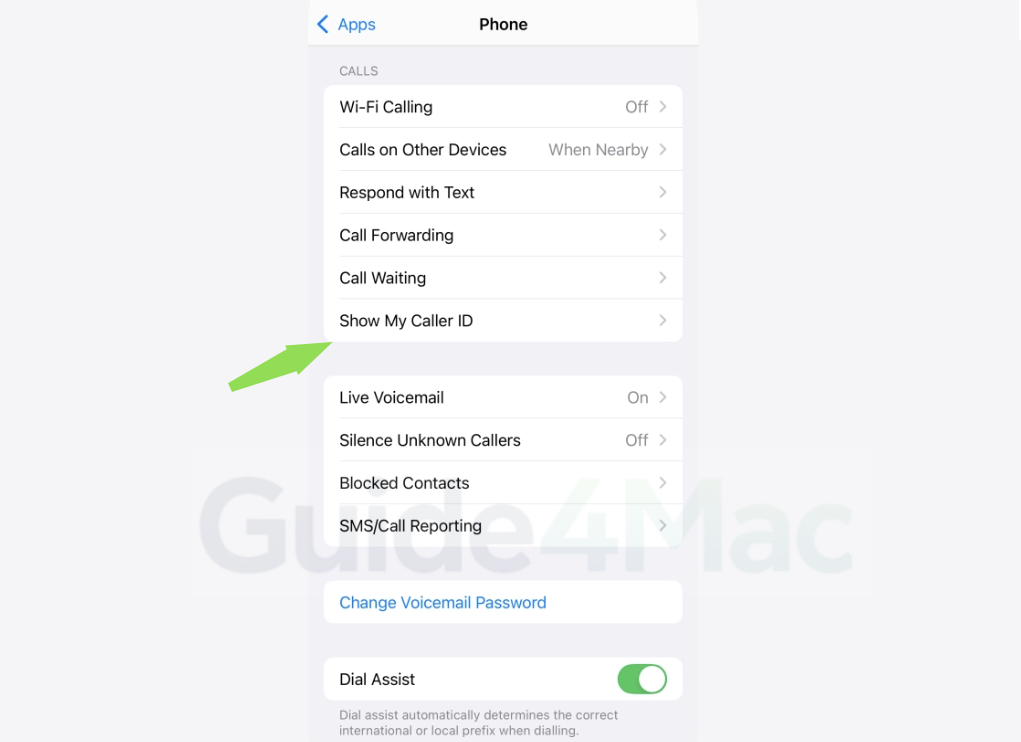 Show My Caller ID toggle in Phone settings