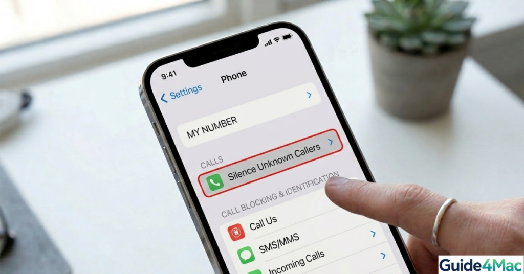 iPhone settings interface showing the Phone menu list with 'Silence Unknown Callers' actively highlighted.