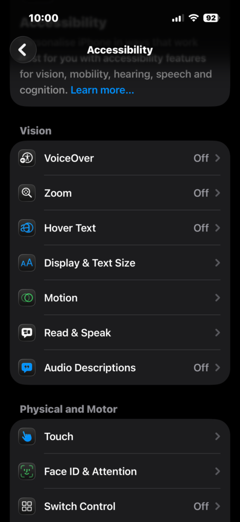 Tapping Accessibility in iPhone settings