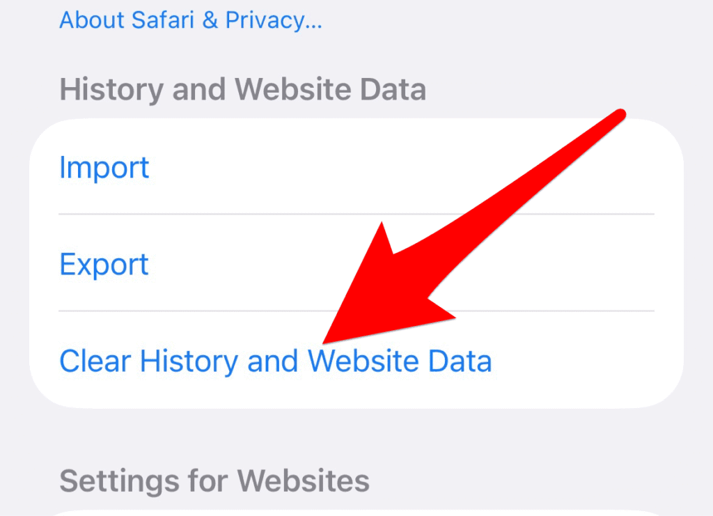 Clear Safari History and Website Data setting