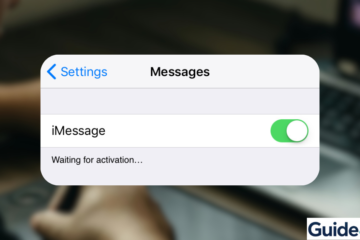 A close-up of an iPhone settings screen showing the iMessage toggle switched to the 'On' position with a status message underneath stating 'Waiting for activation...' The background features a blurred workspace with a laptop, emphasizing a professional tech support context.