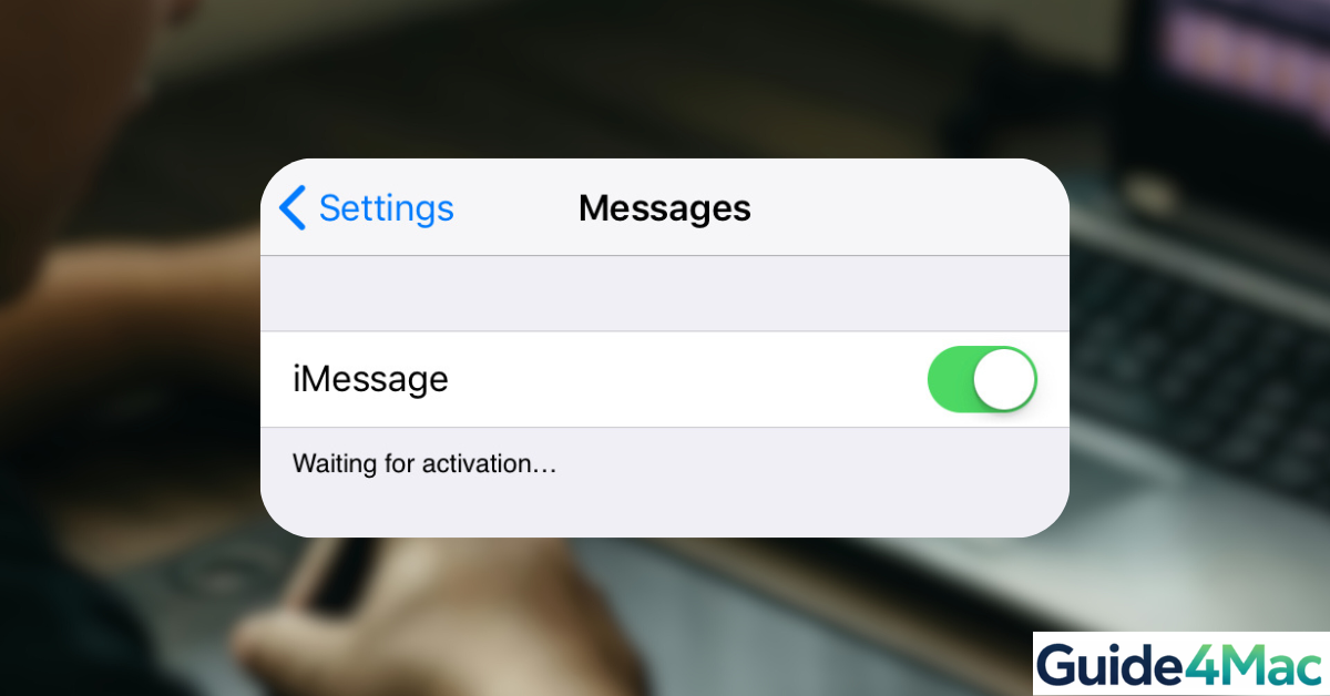 A close-up of an iPhone settings screen showing the iMessage toggle switched to the 'On' position with a status message underneath stating 'Waiting for activation...' The background features a blurred workspace with a laptop, emphasizing a professional tech support context.