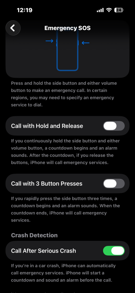Turn off Call with Hold and Release and Call with 3 Button Presses in Emergency SOS settings