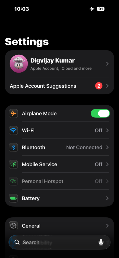 Turning on Airplane Mode in iPhone settings