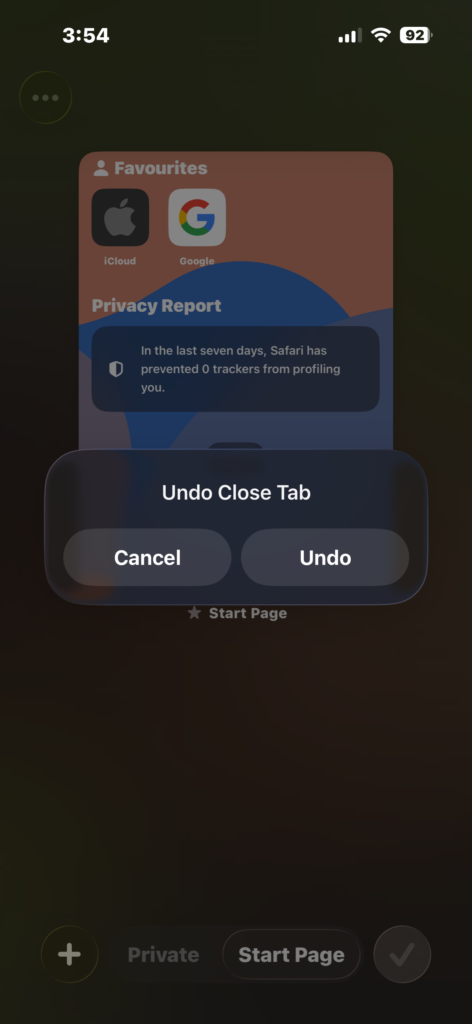 Undo close tab prompt in Safari on iPhone.