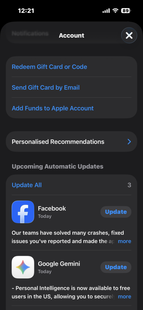 Viewing App Store account page with pending app updates