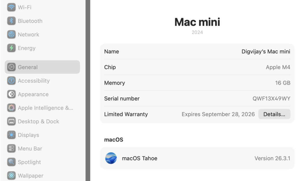 Viewing Mac mini warranty details in System Settings.
