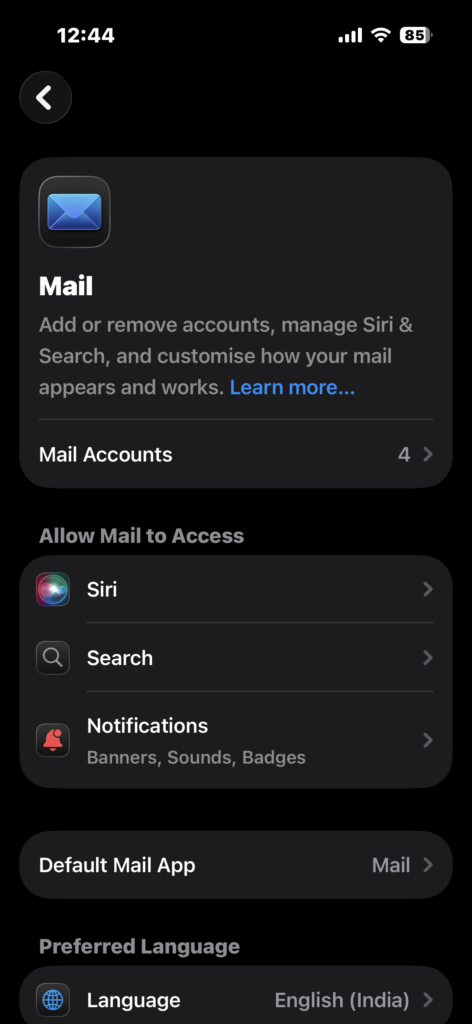 Viewing Mail settings and account options on iPhone
