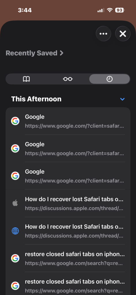 Viewing Safari browsing history list on iPhone.