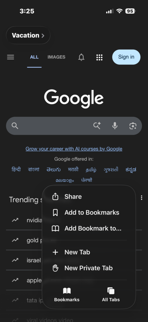 Viewing all open tabs in Safari on iPhone.