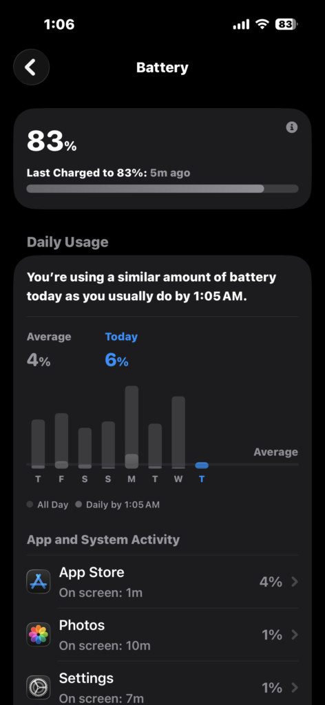 Viewing battery usage and charge level on iPhone