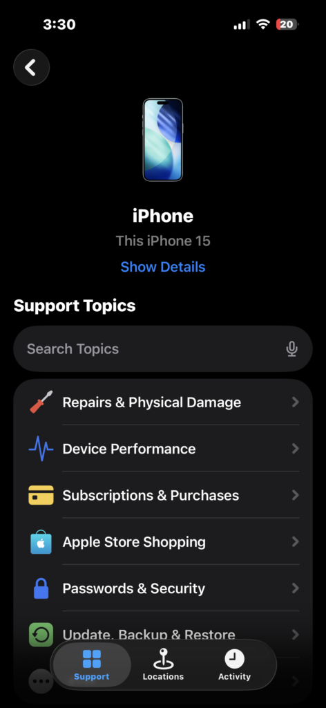 Viewing devices in the Apple Support app to choose your device.