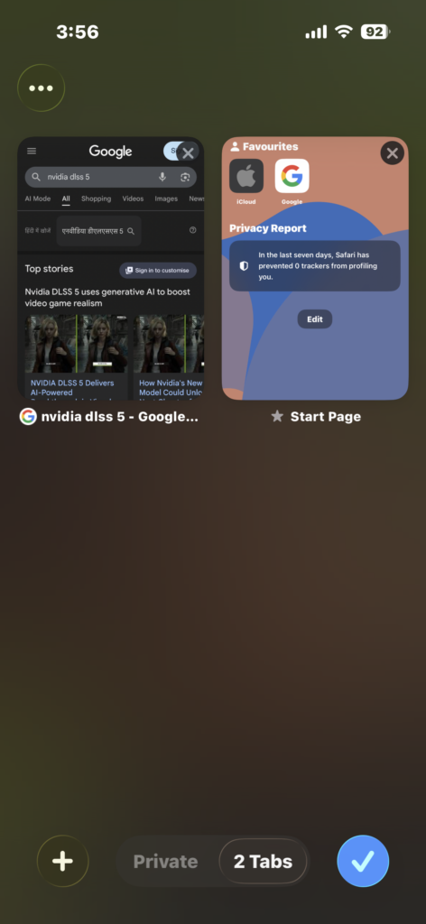 Viewing open tabs in Safari tab switcher on iPhone.