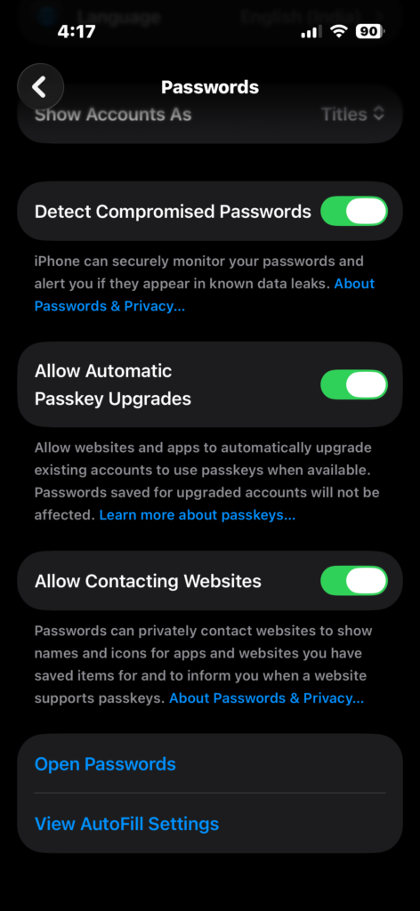 Viewing saved passwords options in iPhone Settings.