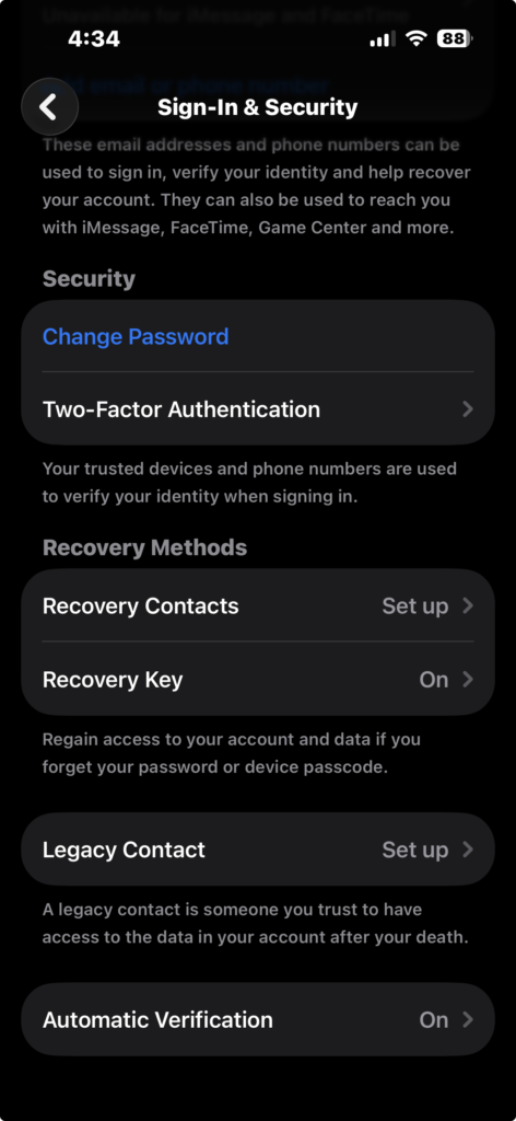 Viewing sign-in and security settings on iPhone.