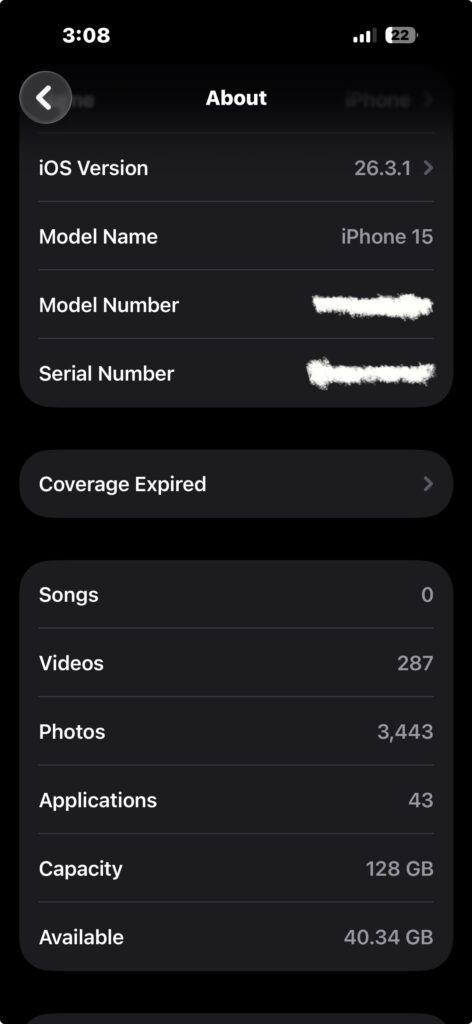 Viewing warranty and AppleCare coverage in iPhone About settings.