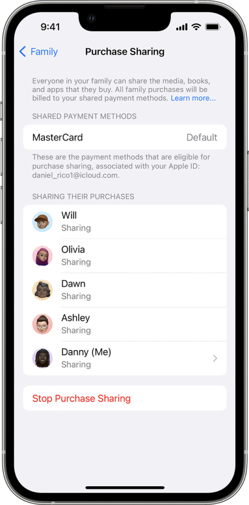iPhone Family Sharing settings showing purchase sharing and family member activity