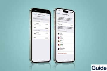 Dual iPhone screen mockup on a blue-green background showing the Purchase History list and the Family Purchase Sharing settings menu in iOS.