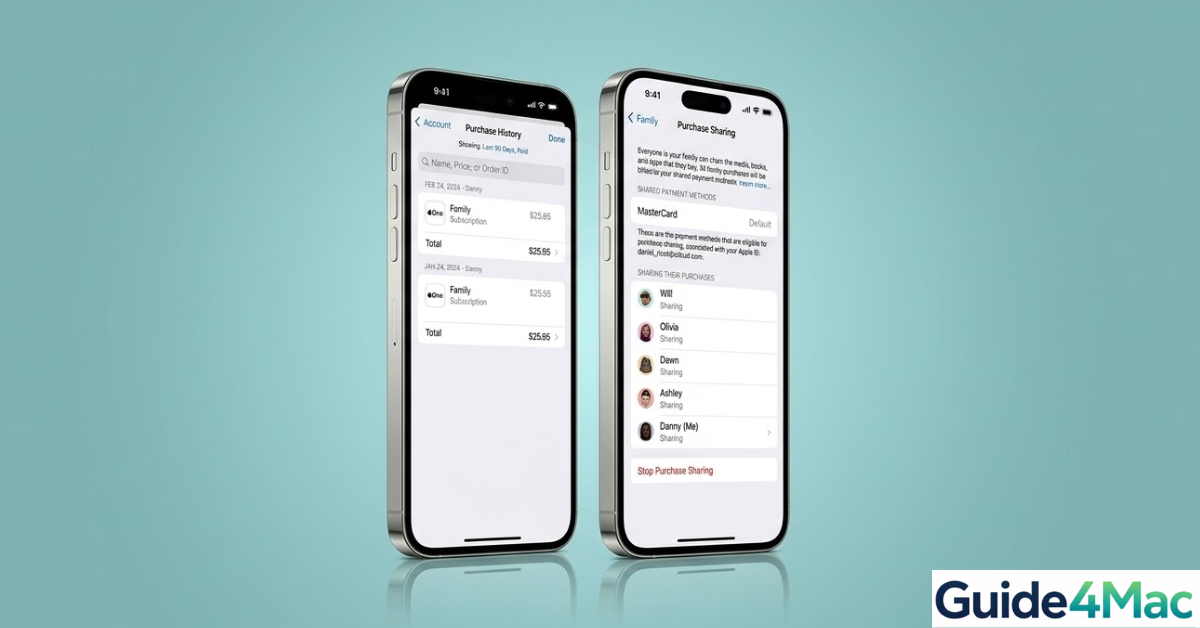 Dual iPhone screen mockup on a blue-green background showing the Purchase History list and the Family Purchase Sharing settings menu in iOS.